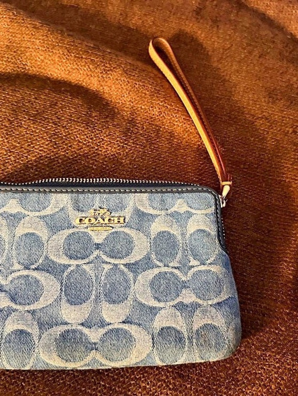 Coach Signature Denim Small Wristlet Blue & White